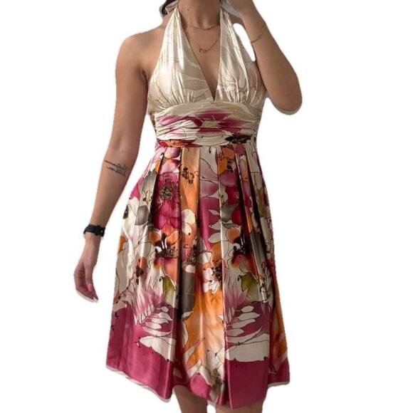 ADRIANNA PAPELL Halter‎ Dress Floral Sequin Silk Gown Size 4 Y2K Bridal Spring - Picture 1 of 13